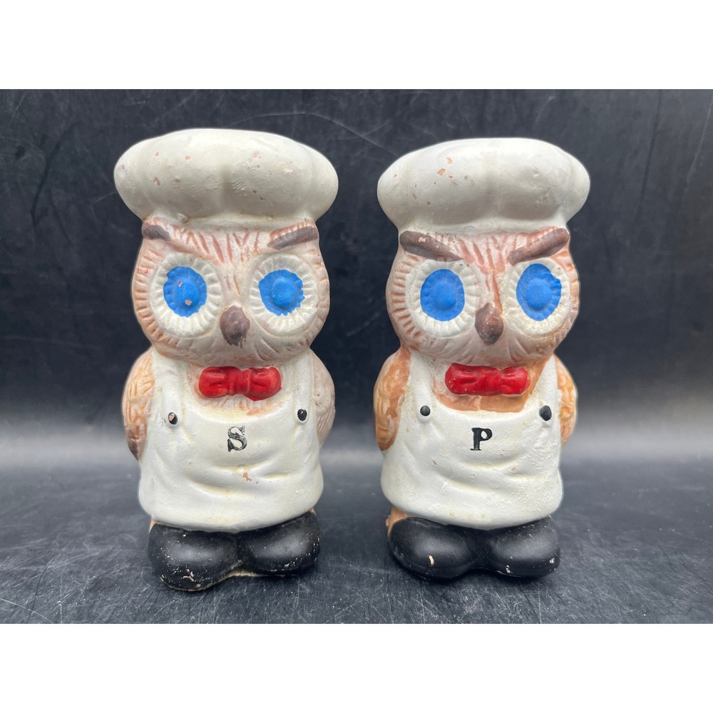 Vtg Set of Owl Chefs Ceramic Salt & Pepper Shakers 3.5" Tall Novelty Kitchenware